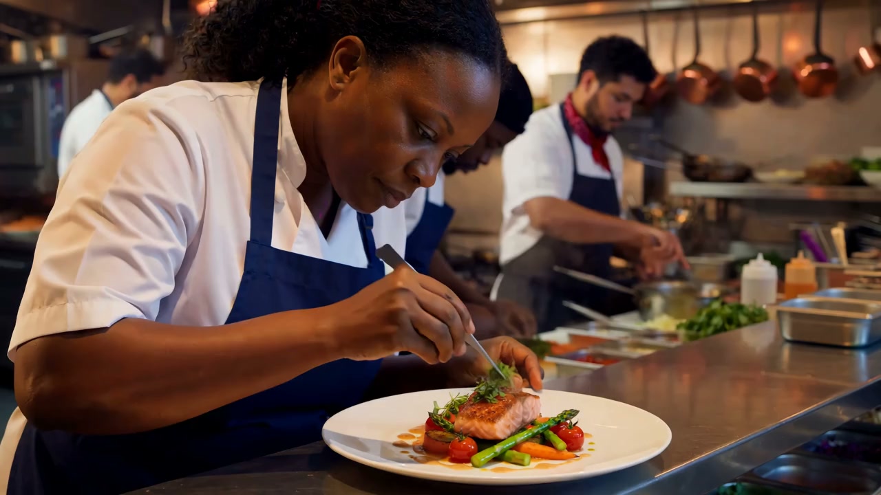 A Black chef carefully plating a meal in a working restaurant kitchen