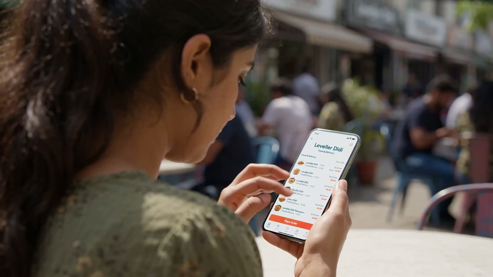 Person browsing a food app on a phone at an outdoor café