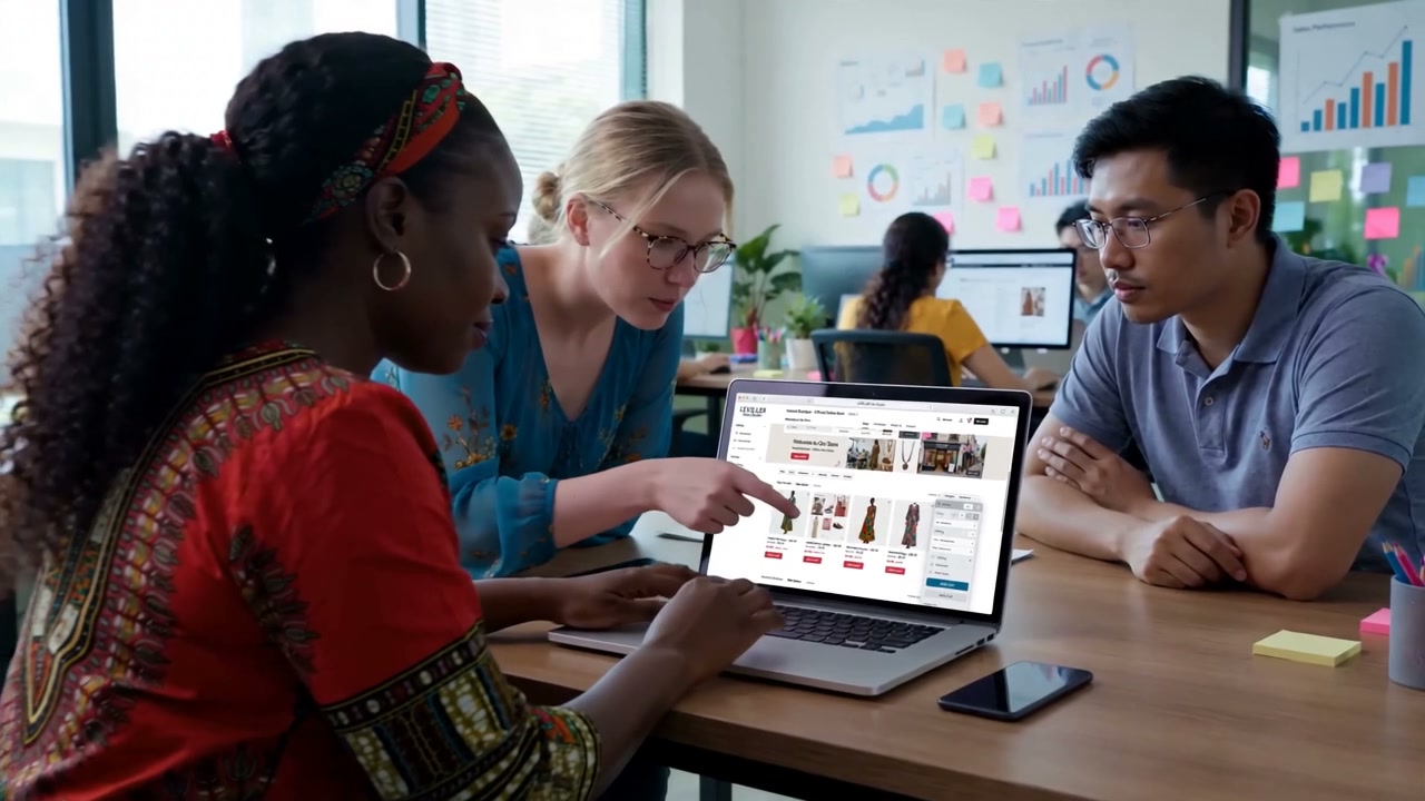 A mixed global team building product listings and reviewing online Store revenue on a laptop