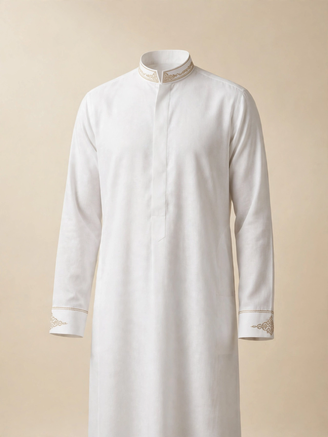 NAFTY CLOTHING concept — contemporary men's white thobe with gold embroidery