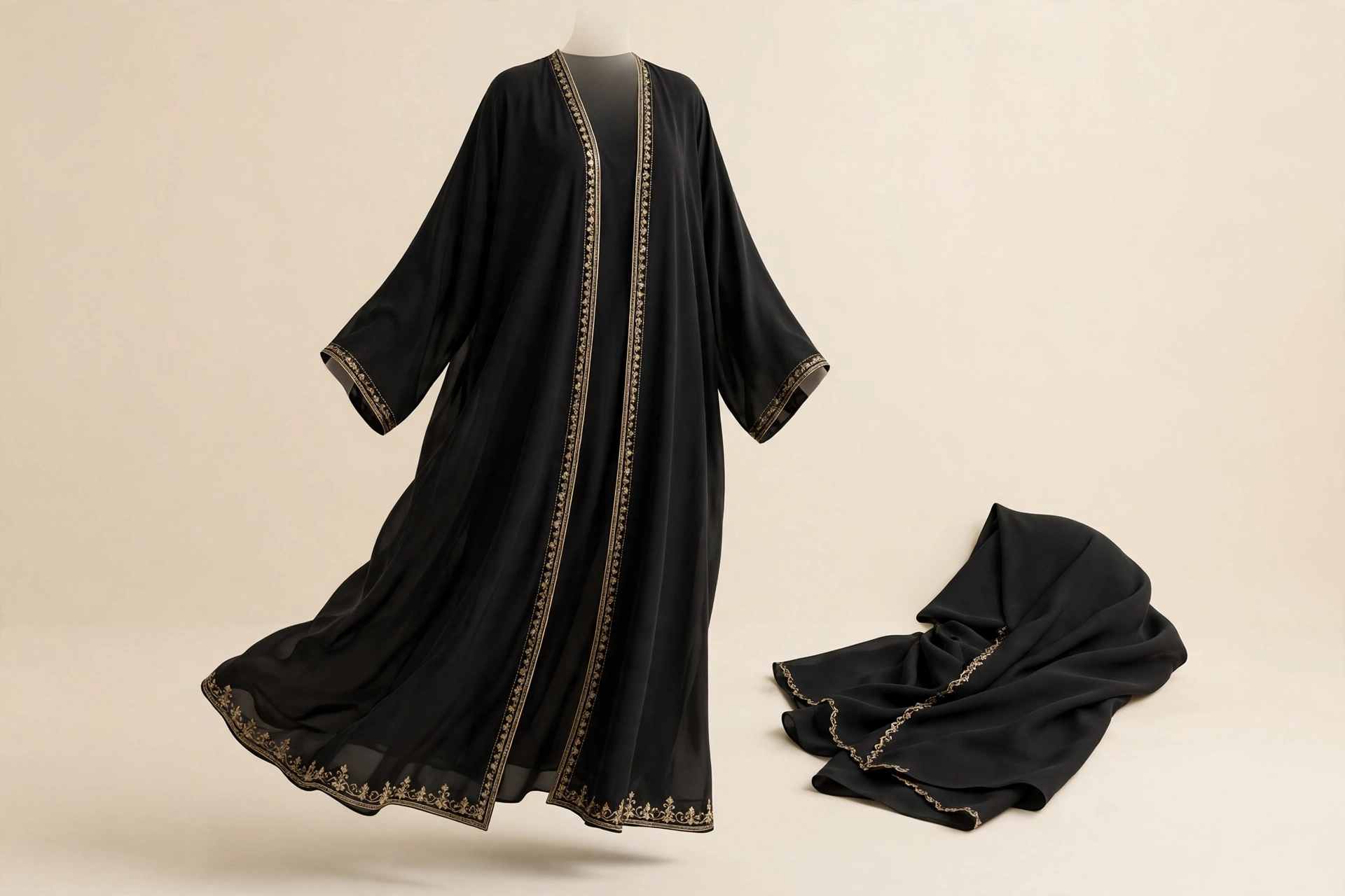 NAFTY CLOTHING concept — black abaya with gold trim and matching hijab