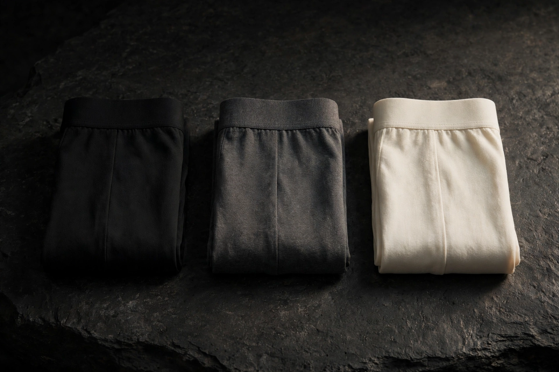 LEVELLER Velvet concept — men's boxer briefs in black, charcoal and cream